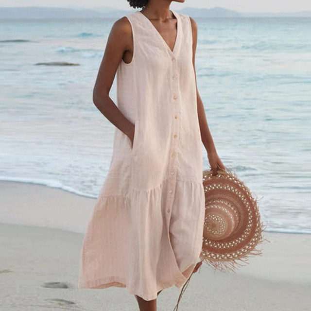 Damen Maxikleid mit elegantem V-Ausschnitt, ärmellos und locker. Lässiges Sommerkleid für Freizeit und Strand.
