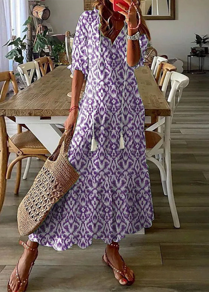 Elegantes Damen Sommer Maxikleid mit Blumenmuster & Kordelzug, ideal für Strand & City.
