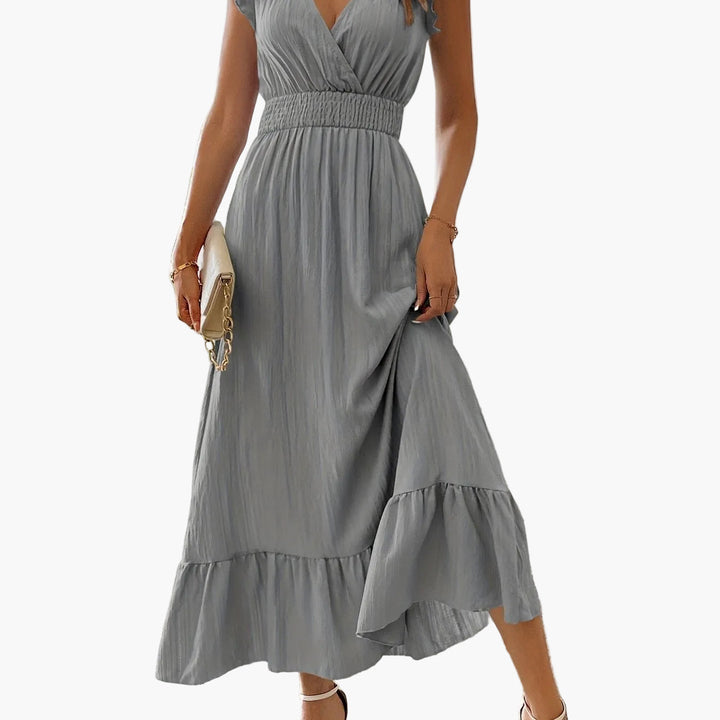 Leichtes Damen Maxikleid für den Sommer, mit Volantärmeln & V-Ausschnitt, sehr bequem.