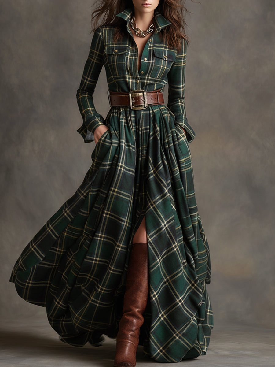 Elegantes Damen Maxi-Kleid mit Gürtel im Karomuster für stilvolle Auftritte.