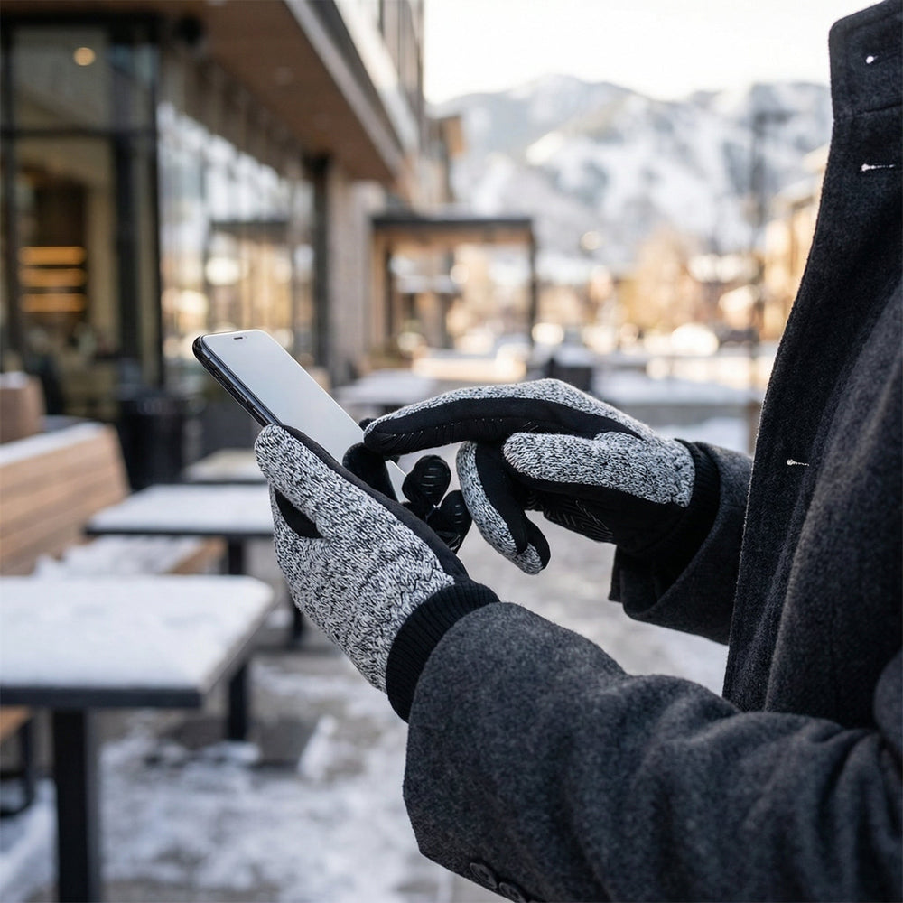 Nahaufnahme der ThermoFit Touchscreen-Handschuhe mit griffiger Handfläche für Smartphone-Bedienung.