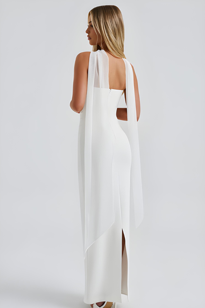 Damen Trägerloses Maxi Cocktailkleid, elegantes Bodycon Design mit Schal-Detail in Weiß, schick und festlich.
