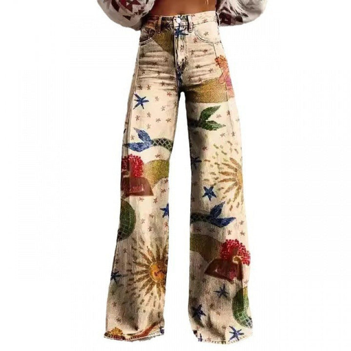 Auffällige Damen Schlaghose mit Retro Blumenmuster, ein modisches Statement-Piece.