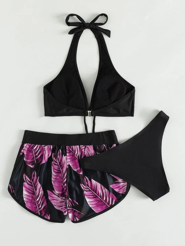 Modernes Damen Bikini-Set mit passenden Shorts. Vielseitige Bademode für den Strand oder aktive Freizeit.