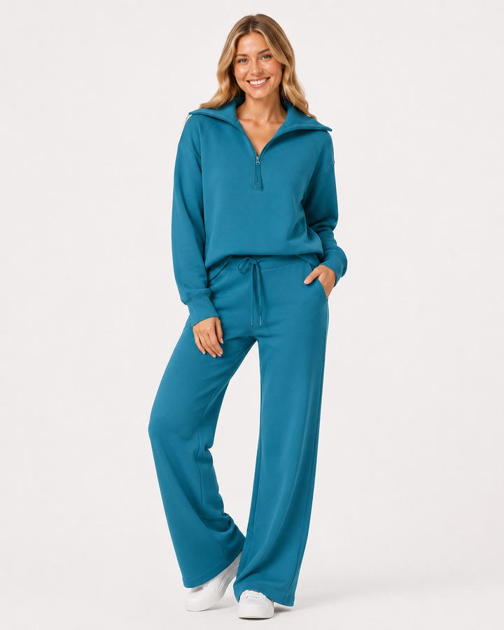 Modernes Damen Casual Set: Sweatshirt und weite Hose. Vielseitig kombinierbar für einen schicken Freizeit-Look.