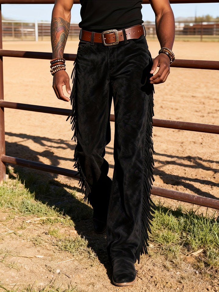 Stylische Herrenhose im Western-Look, Wildlederoptik und Fransen, lockere Freizeithose.