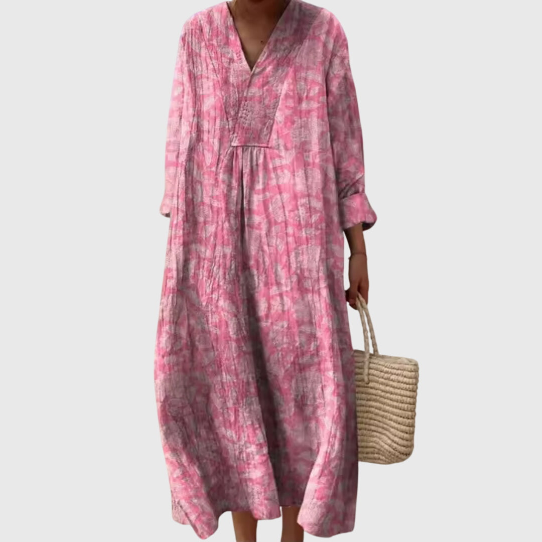 Modisches Damen Maxikleid mit gestufter Silhouette und V-Ausschnitt, im bequemen Relaxed Fit für Casual-Tage.