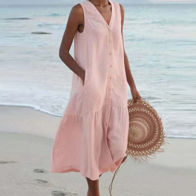Damen Sommer Maxikleid, ärmellos, mit V-Ausschnitt. Lässiges Strandkleid für entspannte Tage und die Sommergarderobe.