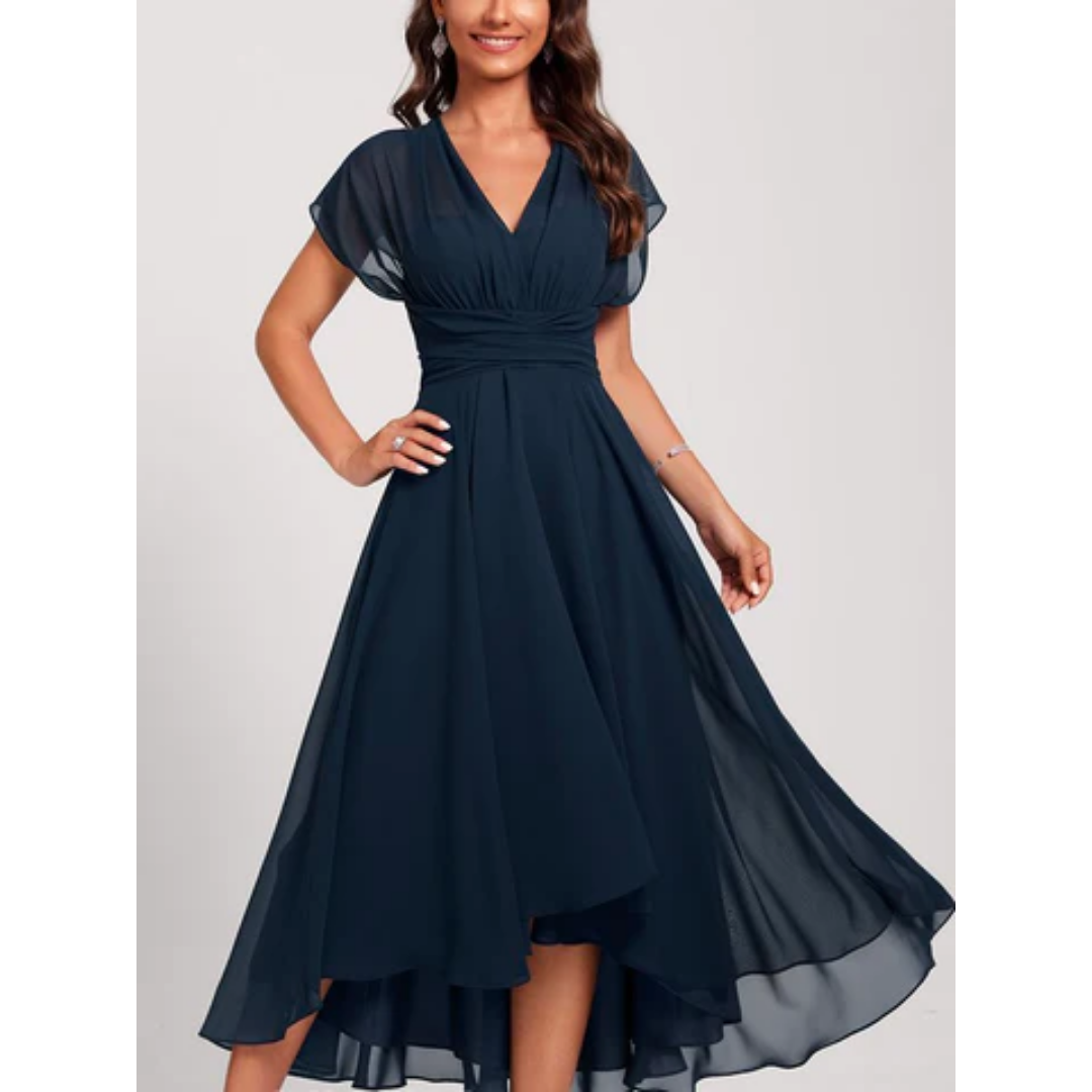 Elegantes marineblaues Damen A-Linien Abendkleid mit Empire-Taille und V-Ausschnitt, perfekt für Hochzeiten & festliche Anlässe.