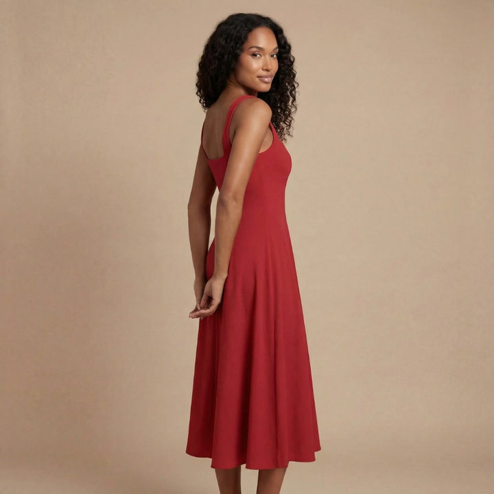 Festliches Damenkleid mit Karreeausschnitt, ausgestelltem Schnitt und Midilänge für besondere Anlässe.