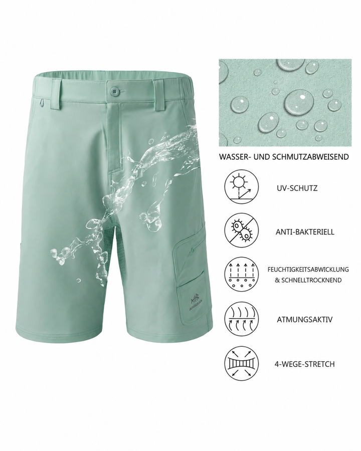 Mann trägt schnelltrocknende Herren Angel Cargo Shorts beim Wandern in der Natur.