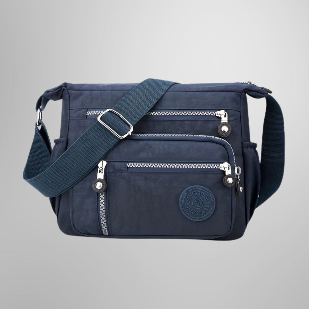 Nahaufnahme der hochwertigen Textur der Damen Schultertasche, Details des robusten Materials und der Verarbeitung.