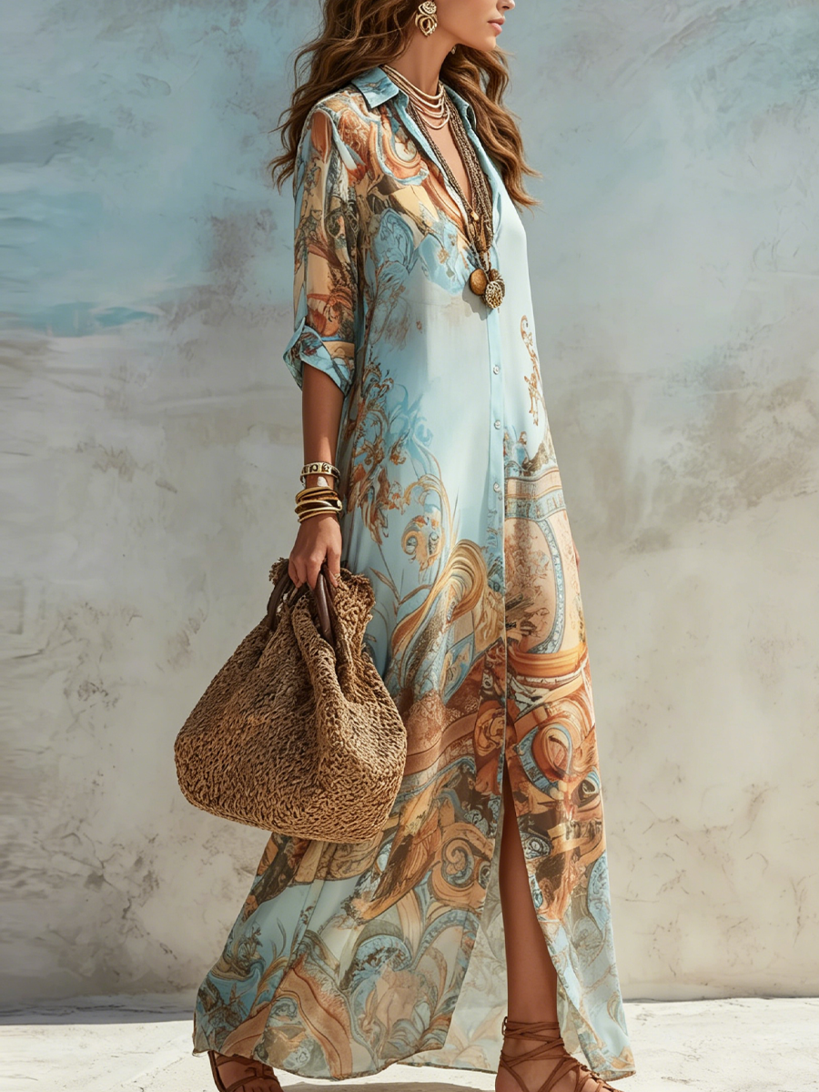 Fliessendes Damen Maxikleid in Blau mit Blumenmuster und Hemdblusenkragen, perfekt als elegantes Sommerkleid.