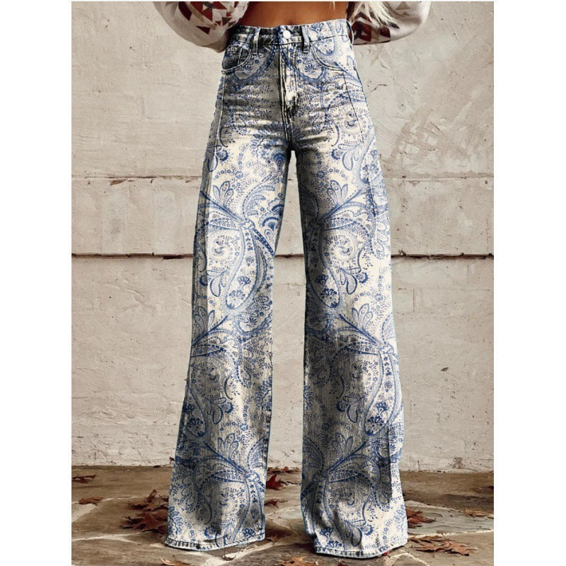 Edle Damen Schlaghose mit Retro Blumenmuster, unterstreicht individuellen Stil.