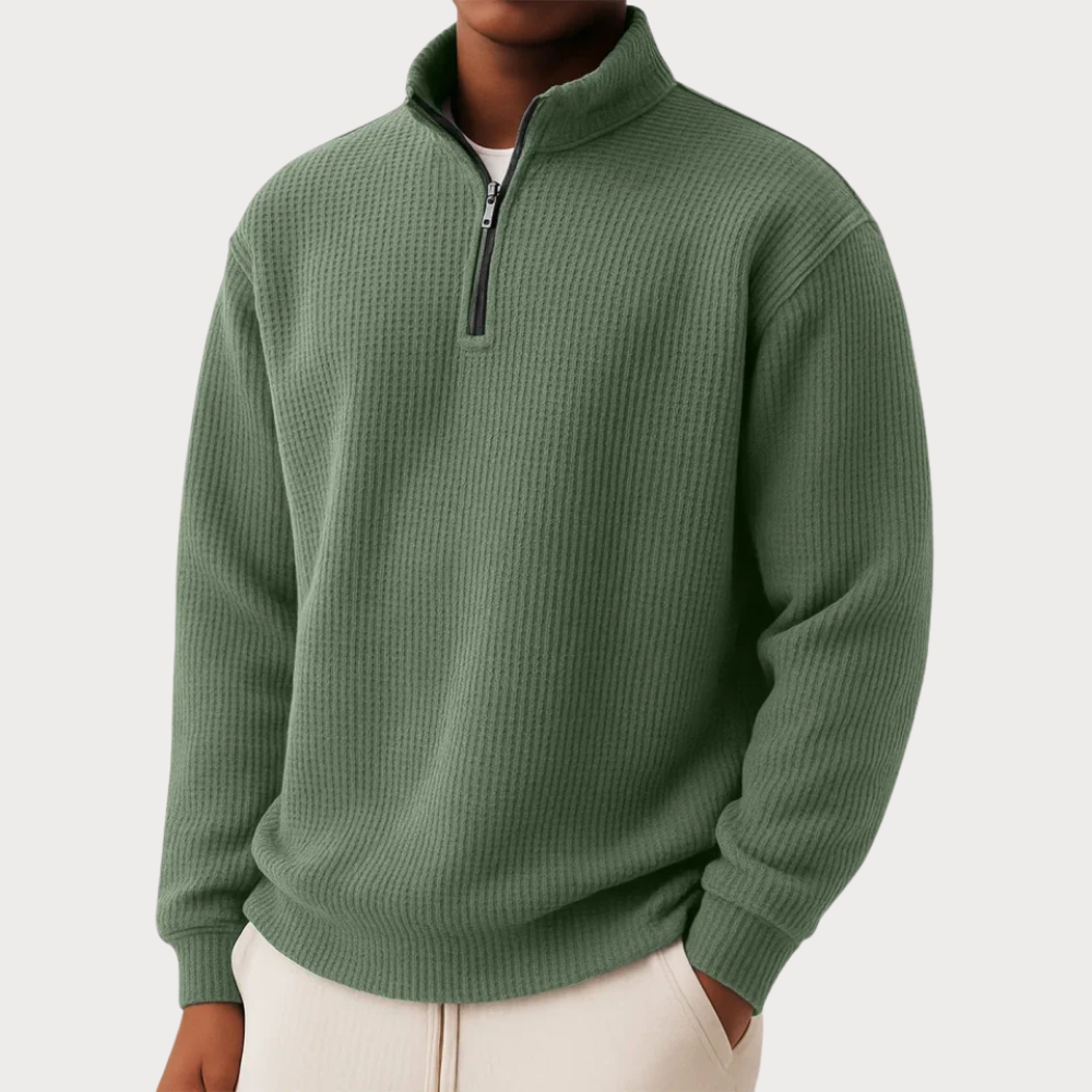 Lässiger und eleganter Herren Pullover, Langarm, Reißverschluss, Stehkragen-Stil.