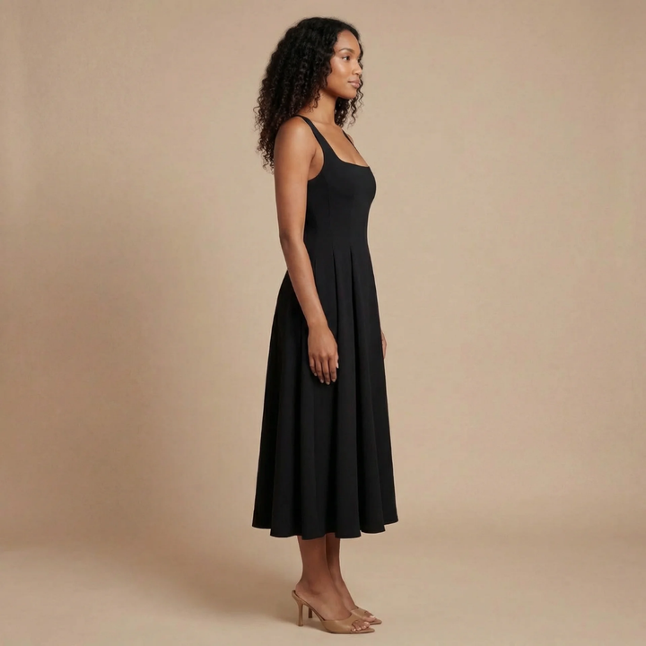 Festliches Damen Midikleid mit ausgestelltem Rock und Karreeausschnitt, elegant für Hochzeiten.