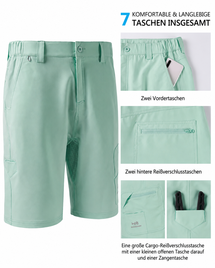 Detailansicht der praktischen Cargotaschen an den schnelltrocknenden Herren Outdoor Shorts.