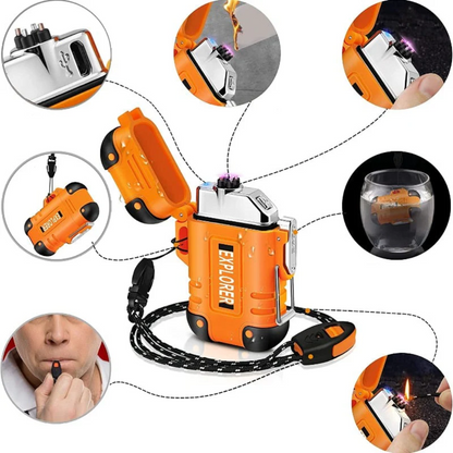 Robustes, wasserdichtes USB Sturmfeuerzeug für Outdoor & Survival. Windfest & wiederaufladbar.