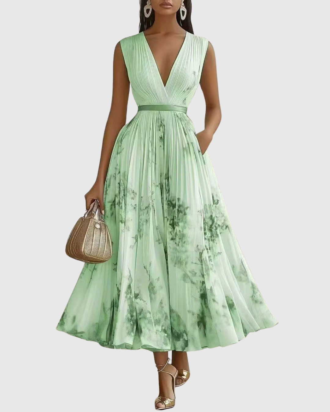 Damen Maxikleid, plissiert, Langarm, V-Ausschnitt, Blumenmuster, elegantes Freizeitkleid.