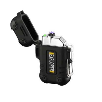 Modernes Outdoor-Gadget: USB Sturmfeuerzeug, wasserdicht, windfest & wiederaufladbar.