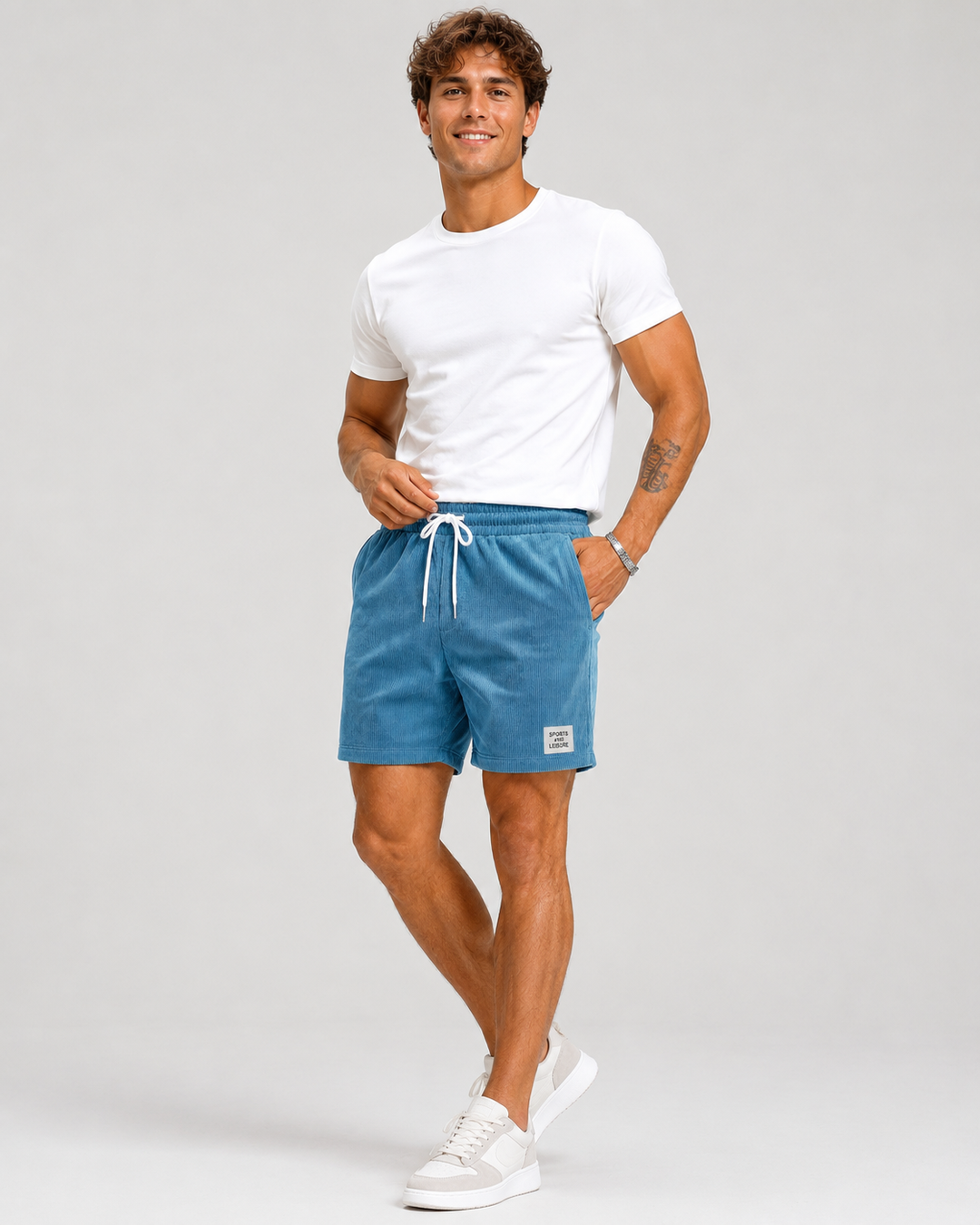 Model trägt komfortable Herren Sommer Shorts mit Kordelzug, frontalansicht.