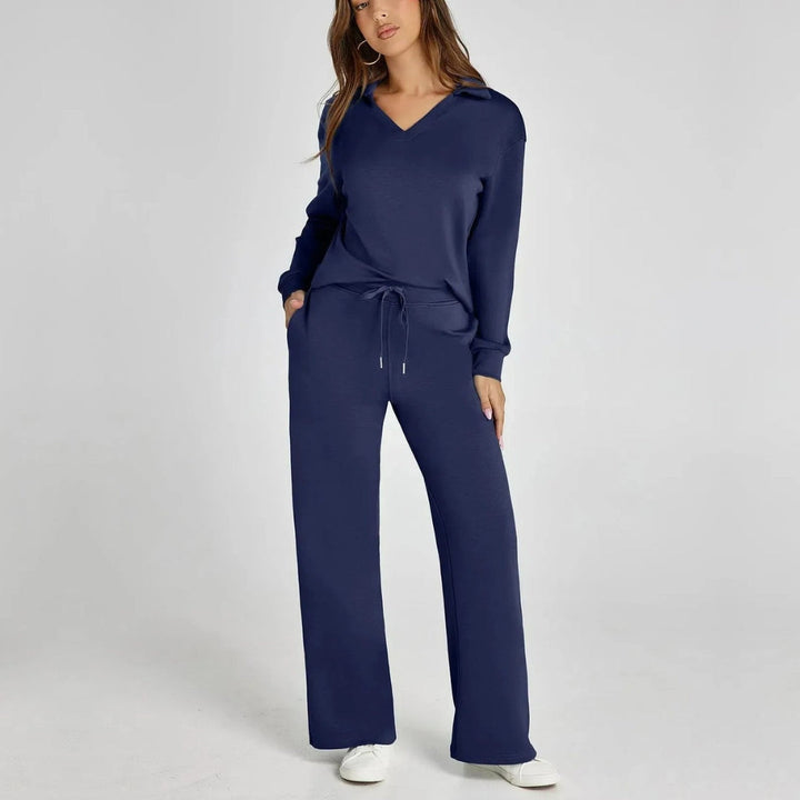 Vielseitiges Damen Loungewear Set: V-Ausschnitt Oberteil & weite Hose für Freizeit & Relaxen.