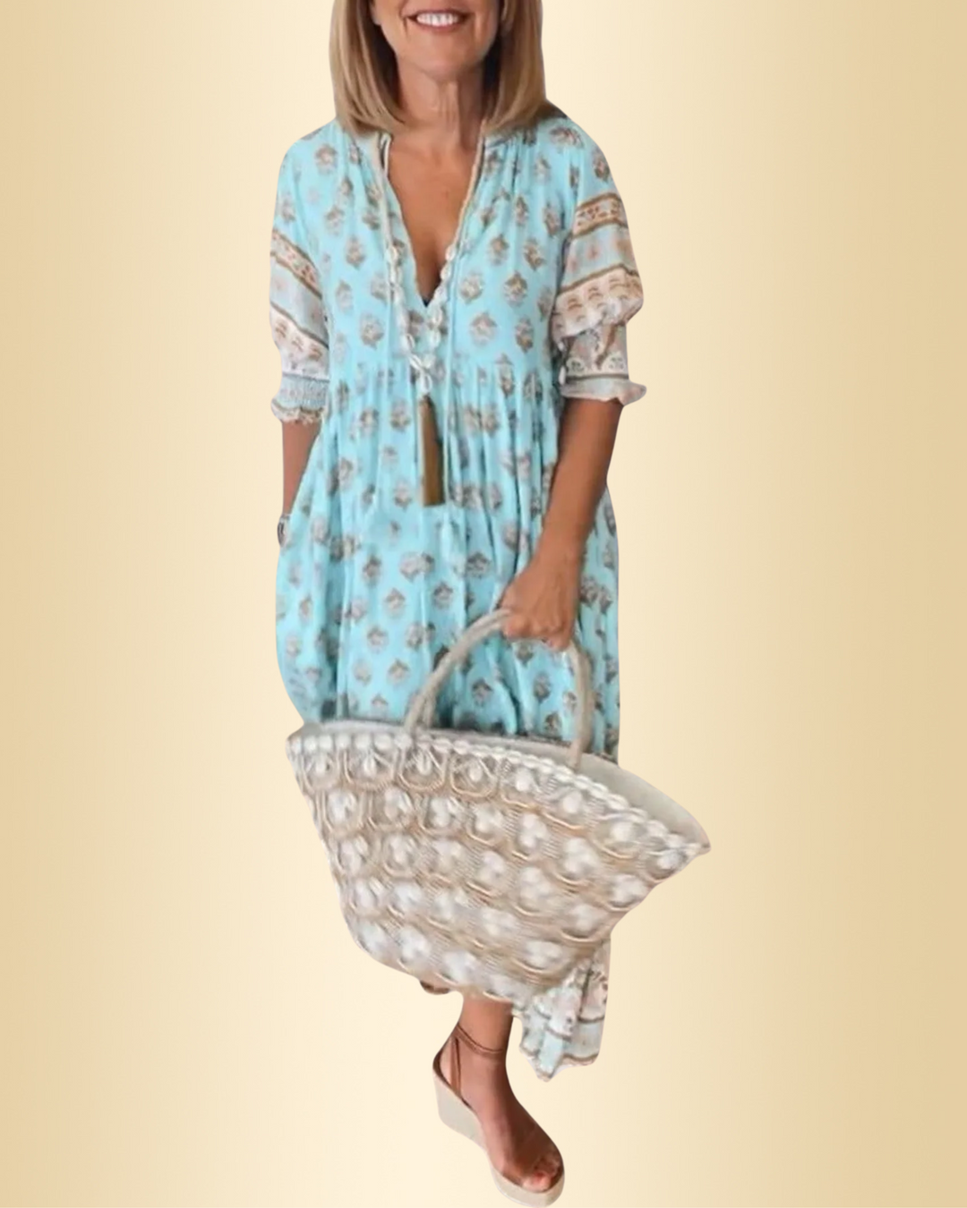 Damen V-Ausschnitt Kleid, figurbetont & elegant. Bequemes blaues Sommerkleid für Freizeit oder festliche Anlässe.