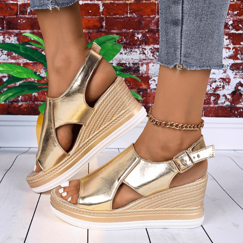 Elegante orthopädische Damensandalen mit Keilabsatz, Gold, bequemer Sommerschuh.