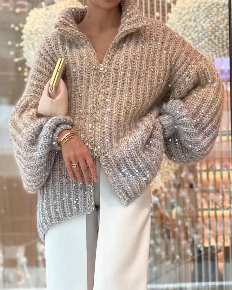 Eleganter Damen Pullover mit Pailletten und V-Ausschnitt, perfekt für feierliche Anlässe und lässigen Chic.