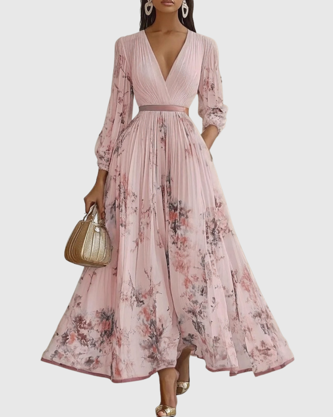 Plissiertes Sommer Maxikleid für Damen, langärmlig, mit wunderschönem Blumenmuster und V-Ausschnitt.