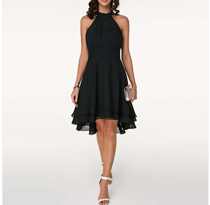 Elegantes Vintello Damen-Cocktailkleid mit Neckholder und fließendem Stufenrock, ideal für festliche Anlässe.