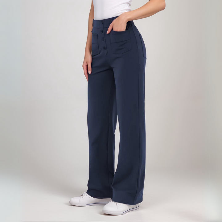 Moderne Freizeithose für Damen, weites Bein, High Waist, stretchig und elegant.