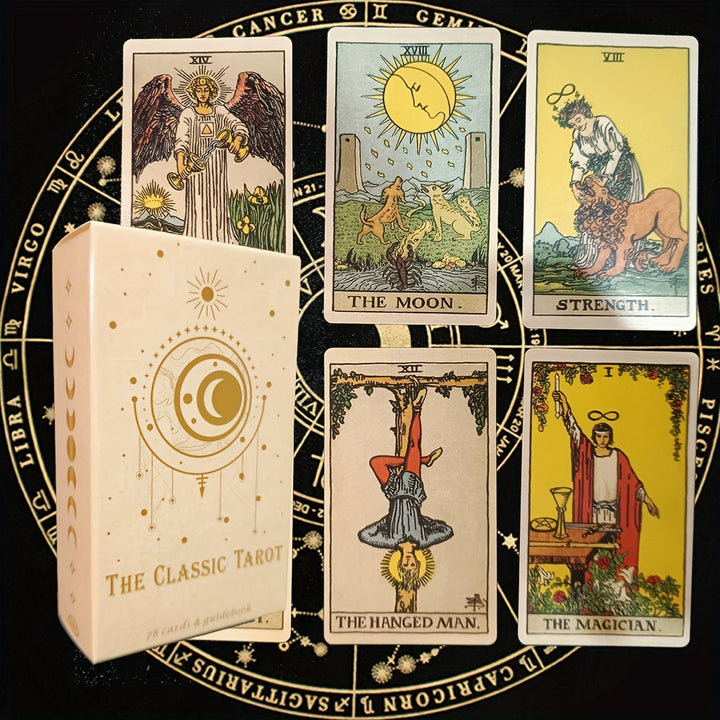 Hände legen klassische 78-Karten Tarotkarten aus. Set für spirituelle Einsichten, Divination & persönliche Führung.