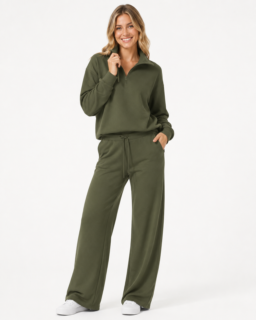 Gemütliches Damen Freizeit Set mit bequemem Sweatshirt und weicher weiter Hose. Ideal für entspannte Tage.