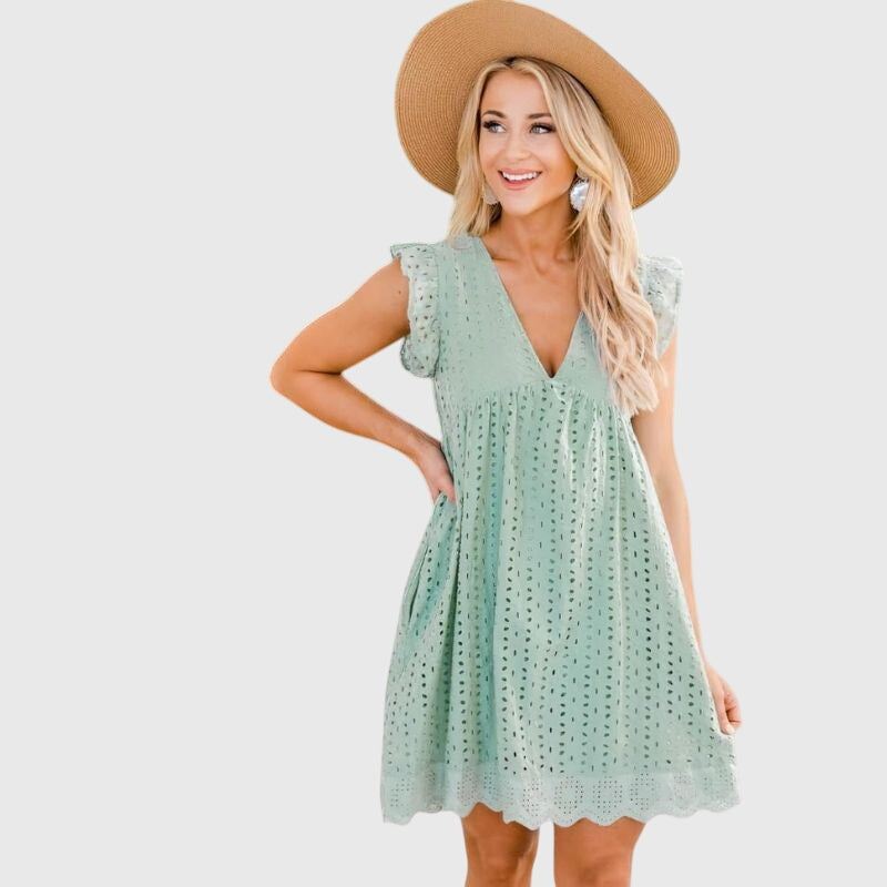 Legeres Damen Minikleid, V-Ausschnitt, ärmellos, mit feiner Lochy-Struktur, komfortabel und modisch.