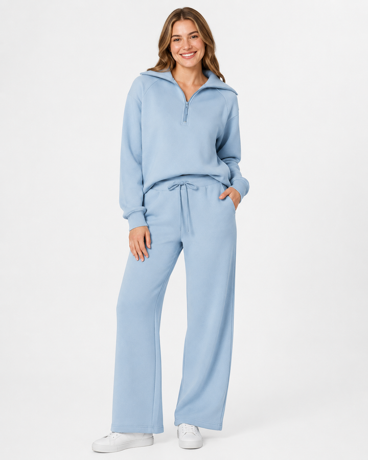 Damen Casual Set: Eleganter Sweatshirt & weite Hose. Perfekter Komfort-Zweiteiler für Freizeit & Reisen.