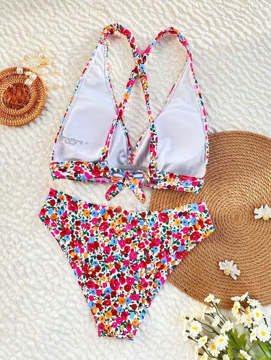 Modisches Damen Blumenmuster Bikini Set für den Sommerstrand, V-Ausschnitt.