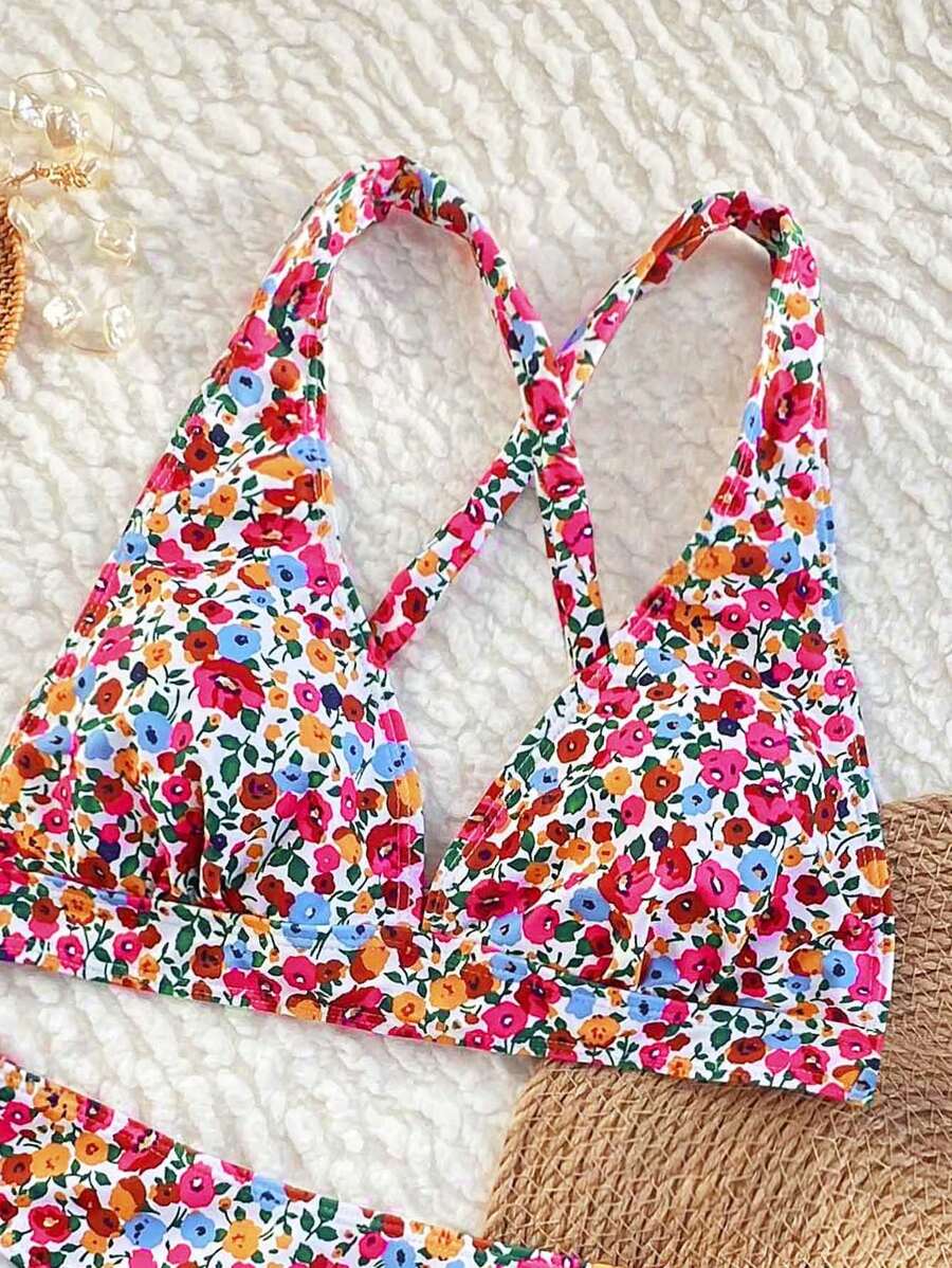 Bequemer Damen Zweiteiler Bikini mit floralem Design, Halterneck & V-Ausschnitt.