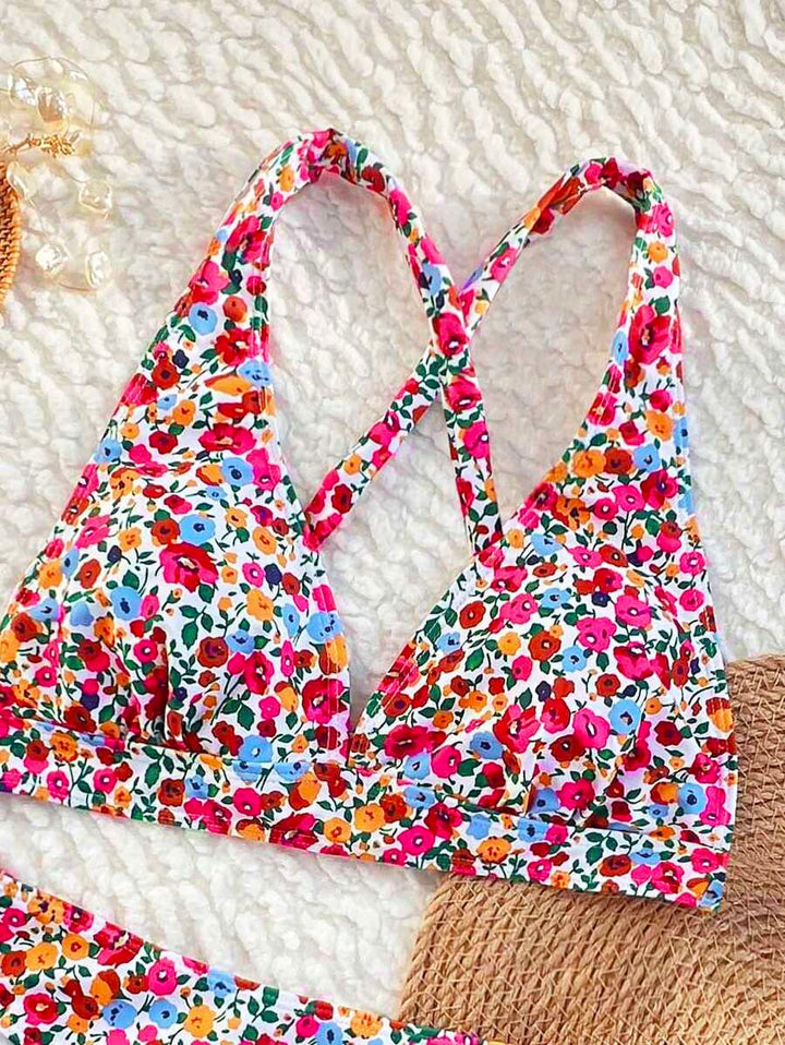 Bequemer Damen Zweiteiler Bikini mit floralem Design, Halterneck & V-Ausschnitt.