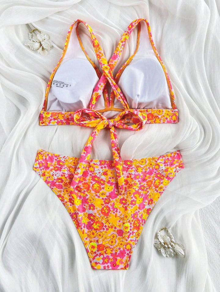 Damen Blumenmuster Halterneck Bikini, gepolstert, V-Ausschnitt, für Schwimmen.
