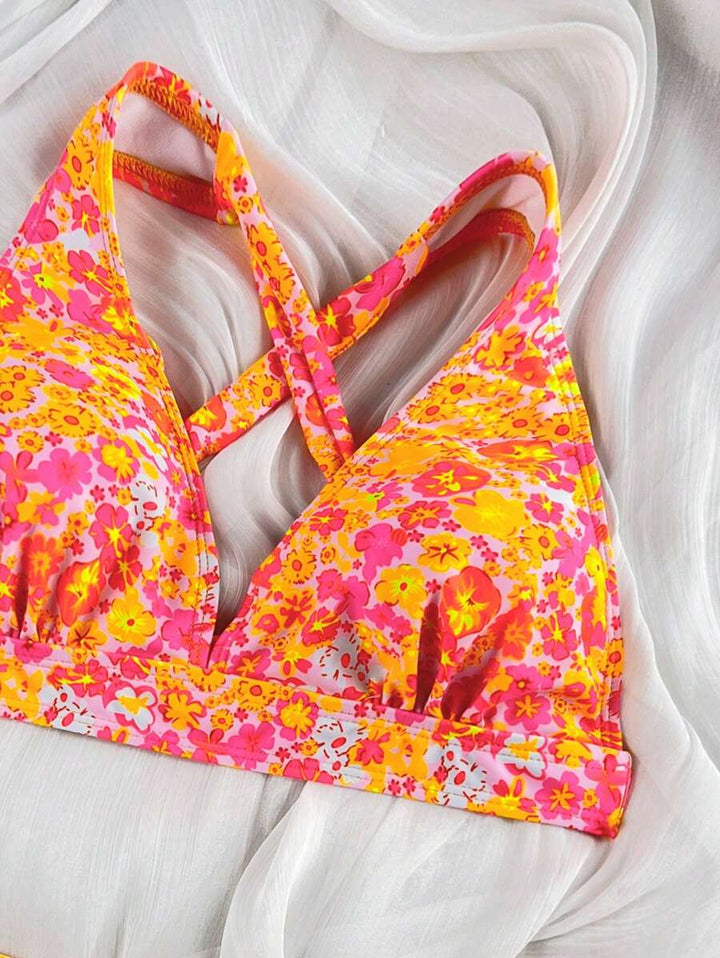 Bequemer Damen Bikini Zweiteiler mit Blumenprint, Halterneck, V-Ausschnitt.