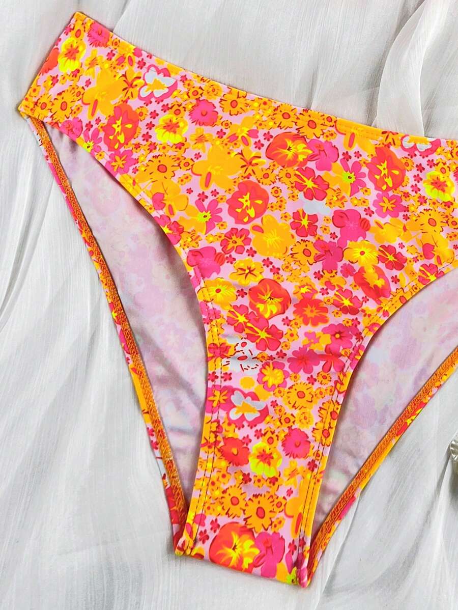 Modisches Damen Bikini Set für Urlaub, Blumenmuster, Halterneck, V-Ausschnitt.