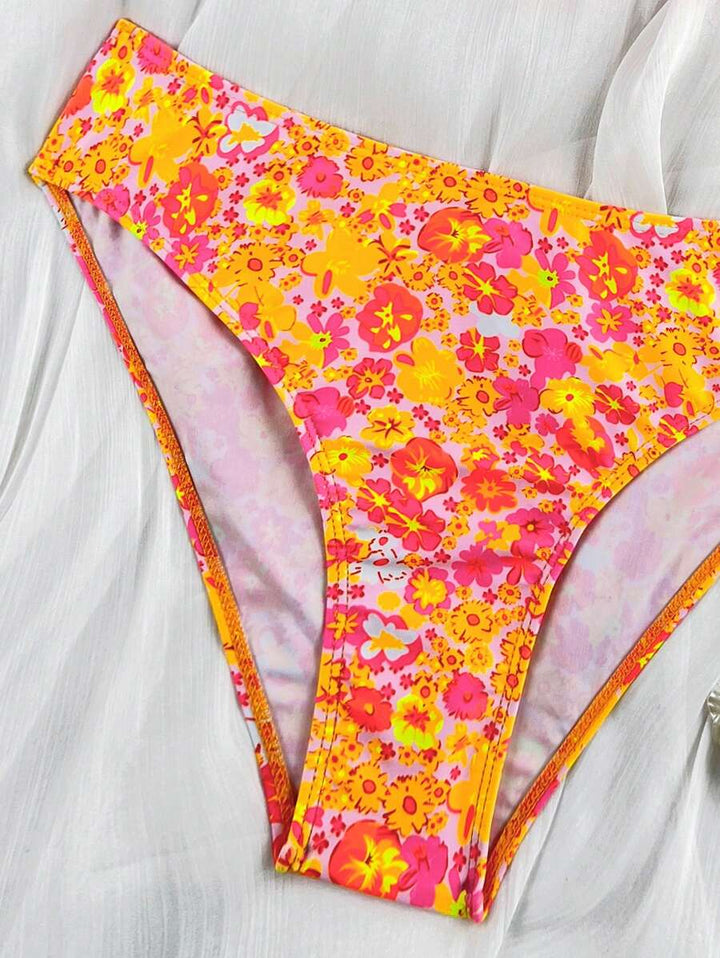 Modisches Damen Bikini Set für Urlaub, Blumenmuster, Halterneck, V-Ausschnitt.