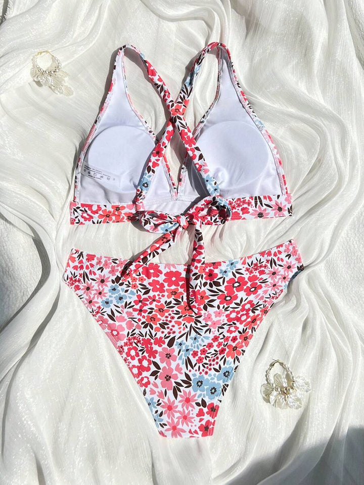 Damen Sommer Bikini mit Blumenmuster, Halterneck, V-Ausschnitt, ideal für Strand.
