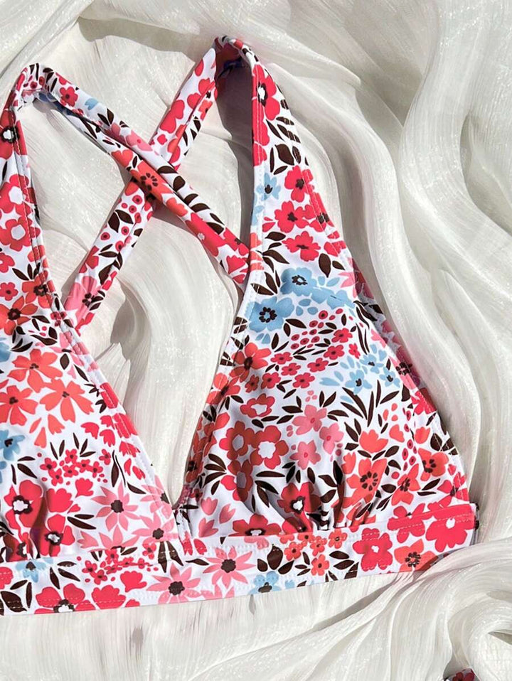 Bademode Damen: Blumen Bikini Set, gepolstert, Halterneck, V-Ausschnitt.