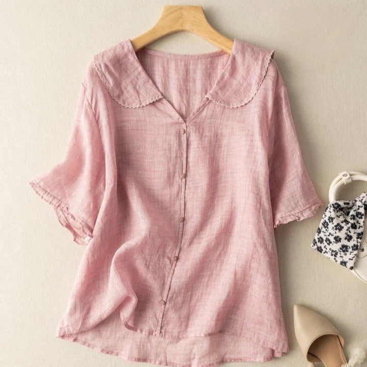 Locker sitzende Damen Kurzarm-Bluse mit Wellenkragen, modisch & vielseitig. Perfekt für elegante Freizeit-Looks oder Büro.