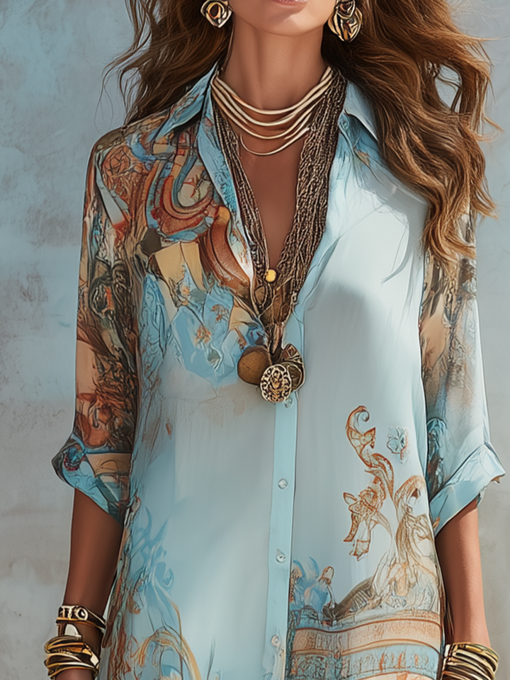 Langes blaues florales Hemdblusen Maxikleid für Damen, elegant und fließend, ideal für Sommer und besondere Anlässe.