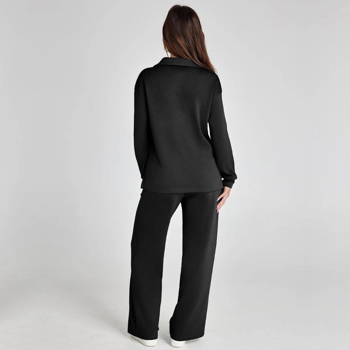 Zweiteiliges Loungeset: Damen V-Ausschnitt Pullover & weite Hose für entspannte Stunden.