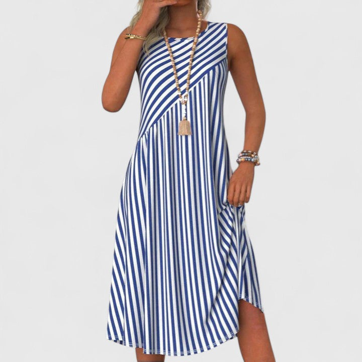 Elegantes, ärmelloses Damen Sommerkleid in Blau-Weiß-Streifen für leichte Freizeit-Looks oder als Strandkleid.