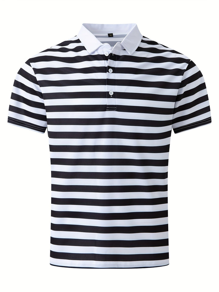 Rückansicht des maritimen Herren Poloshirts mit stilvollen Streifen, bequeme Freizeitmode.